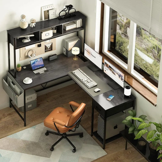 L Shaped Office Desk w/ LED Strip, Power Outlet, Storage Shelf & Drawer